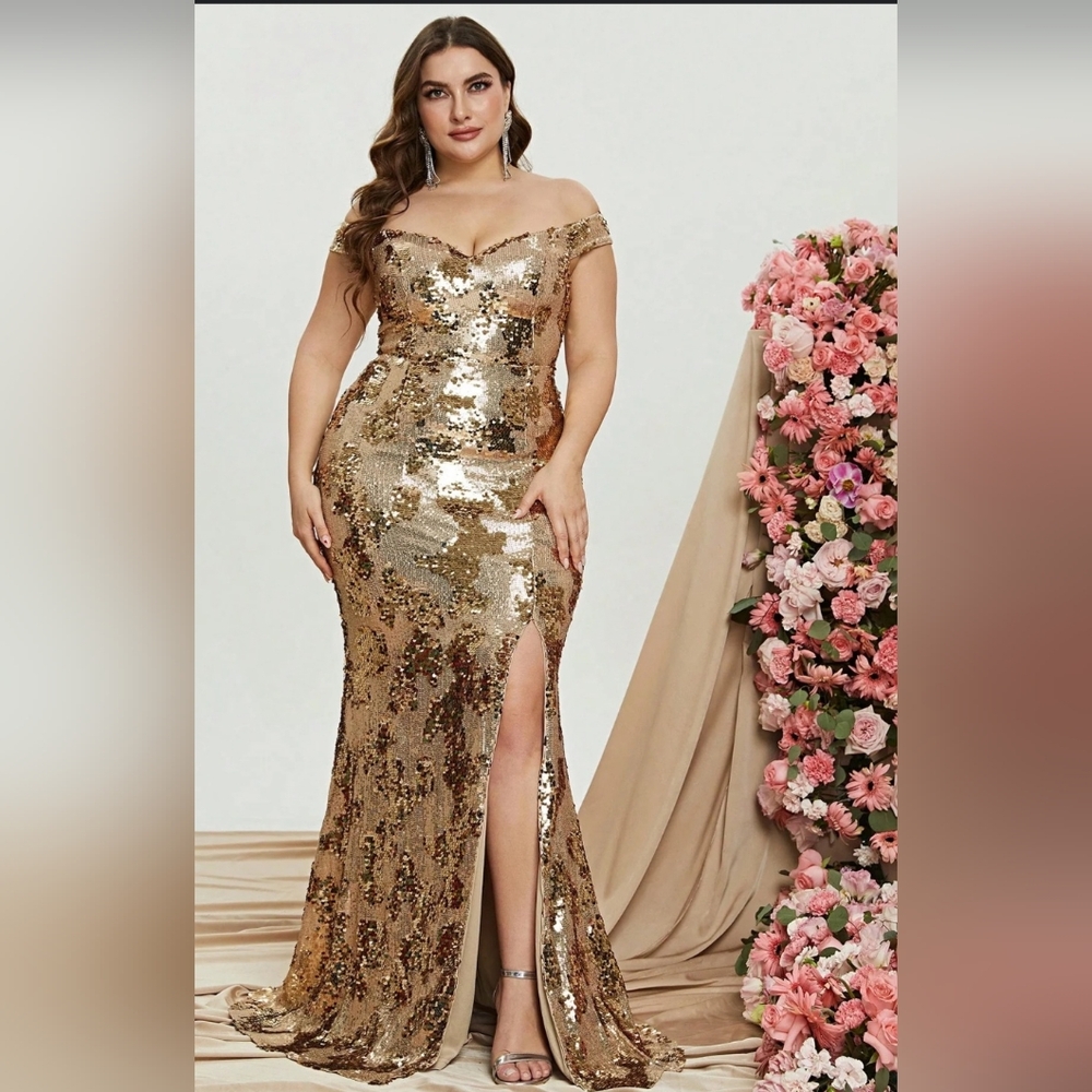 Faeriesty Gold Sequin Off-Shoulder Maxi Dress 4X